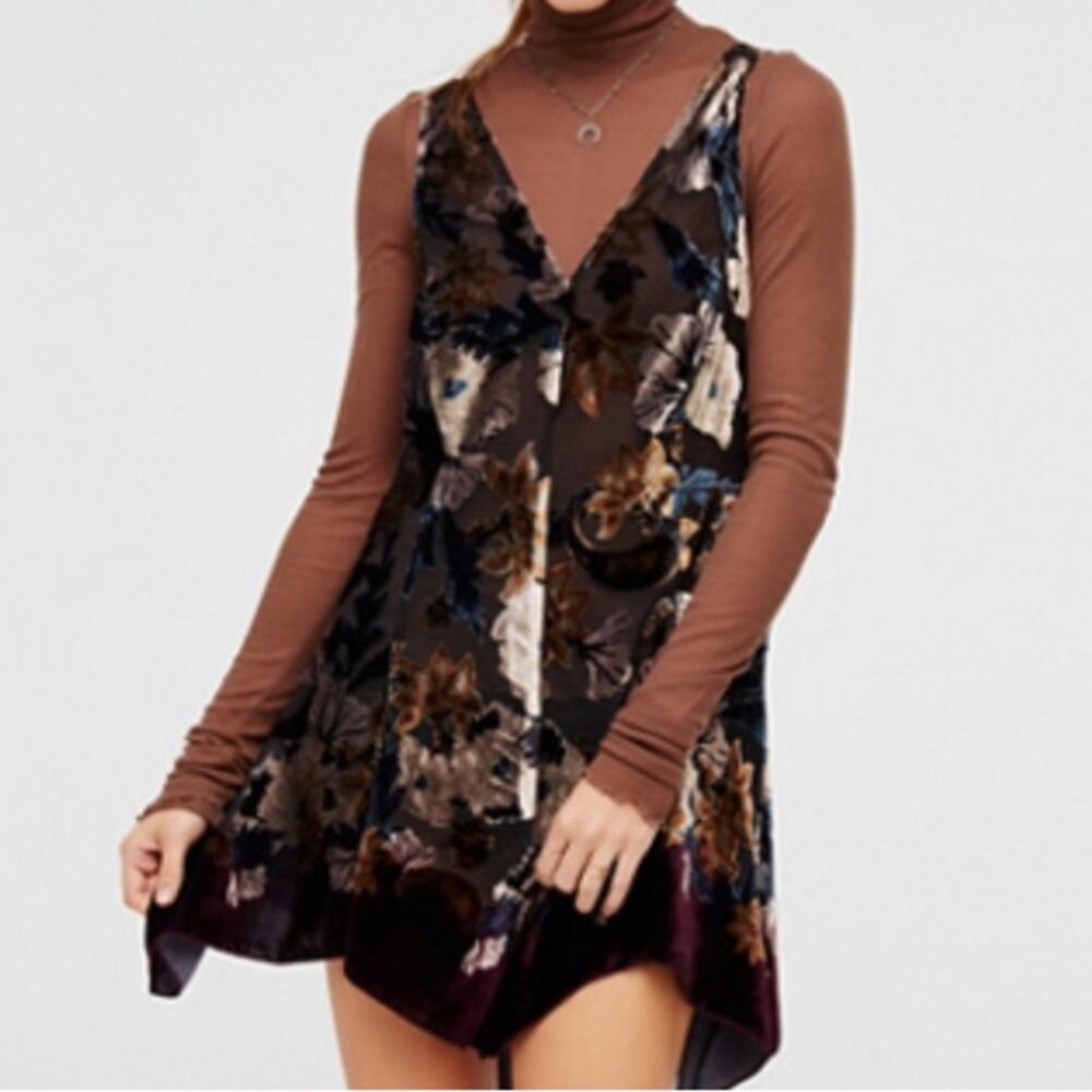 FREE PEOPLE Velvet Burnout Handerchief Hem Slip Dress Black Brown Sz M {3Q31}